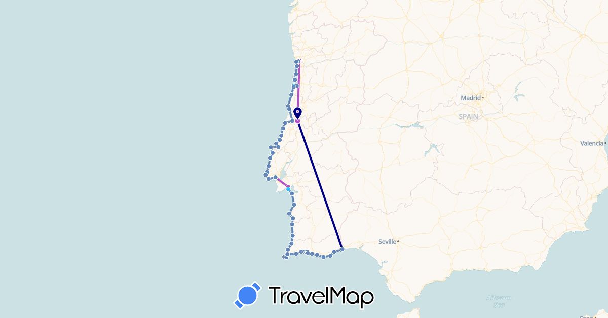 TravelMap itinerary: driving, cycling, train, boat in Portugal (Europe)